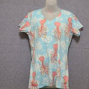 Simply Southern Jellyfish/Coral  Short Sleeve V-Neck T-Shirt  (L)  NWT